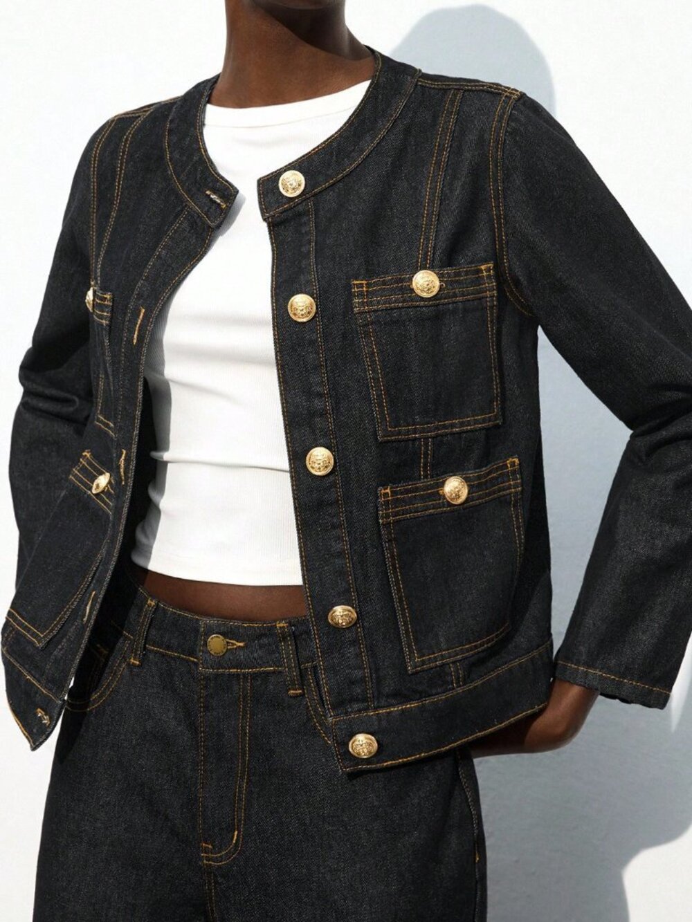 Dark Wash Casual Women's Single-Breasted Round Neck Long Sleeve Denim Jacket
